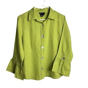 Tracy M 100% Linen Blouse Womens L Chartreuse 3/4 Bell Sleeve Button Up Office